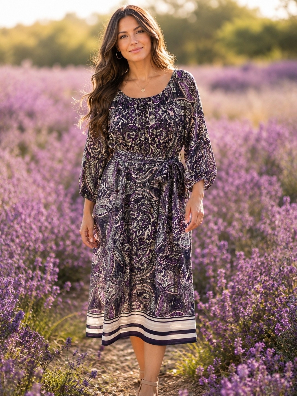 Lane Bryant Purple Paisley Midi Dress with Tie Waist and Striped Hem